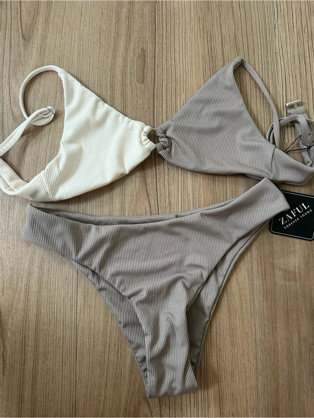 Zaful Two-Tone Beige Taupe Ribbed Ring-Front Bikini